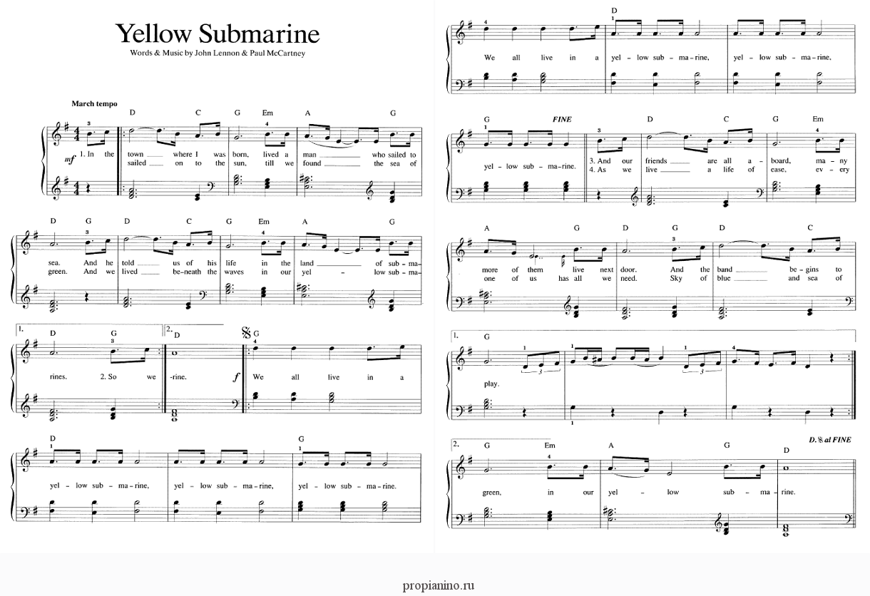 Желтая в песне битлз. Yellow Submarine the Beatles Ноты. Yellow Submarine Ноты для фортепиано. Желтая подводная лодка Ноты для фортепиано. Yellow Submarine Битлз Ноты.